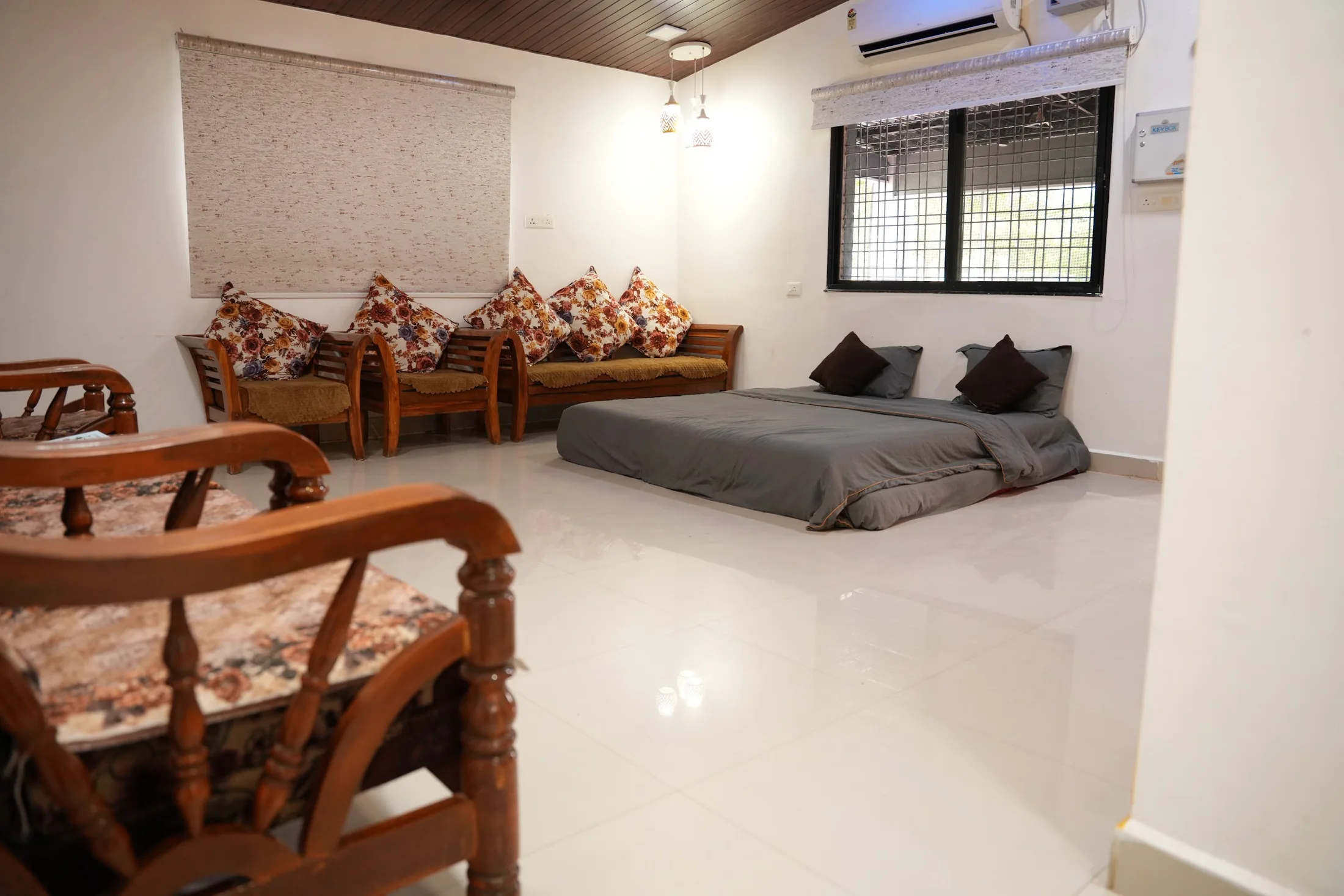 Bungalow living room at DS Agro Tourism & Resort. A wide view of the bungalow's generous shared living space.