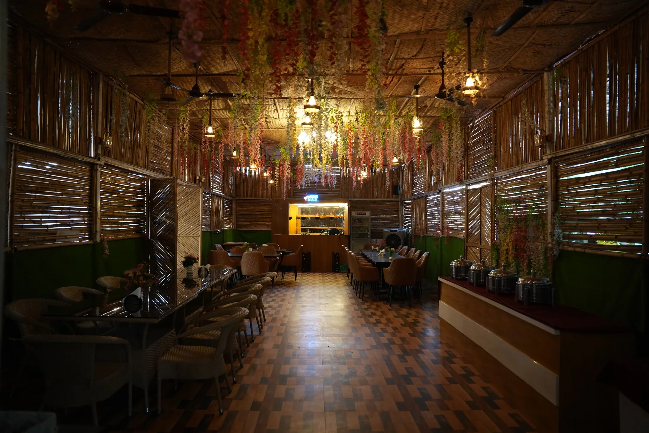 Decorated indoor gathering and dining space at DS Agro