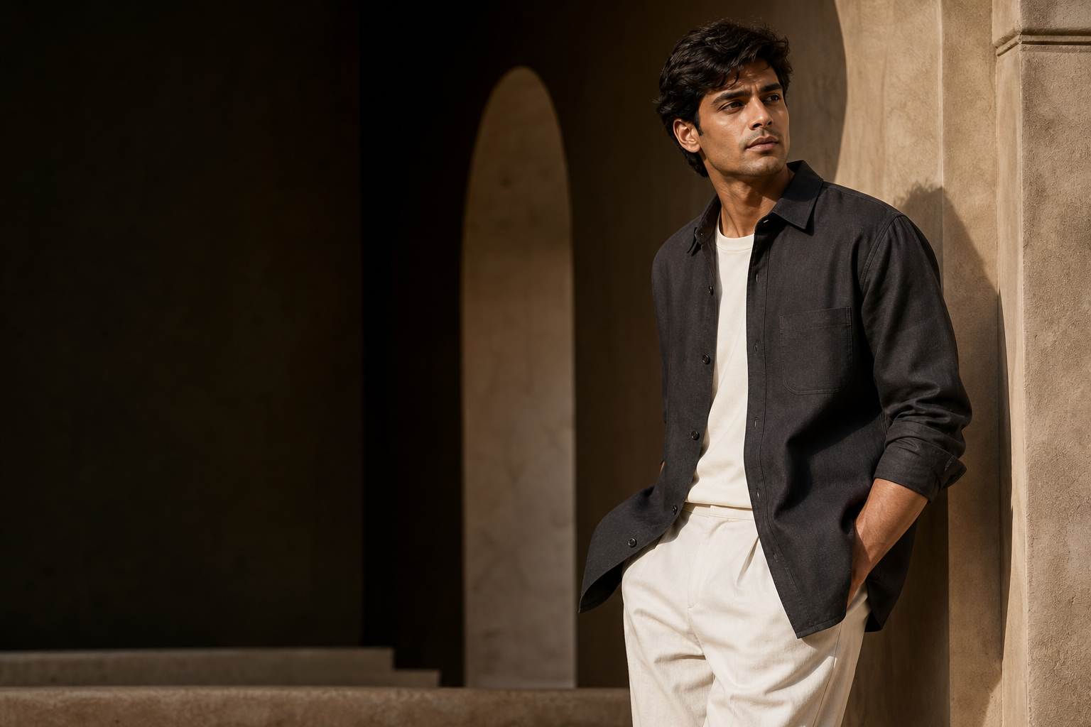 Indian model in a charcoal overshirt