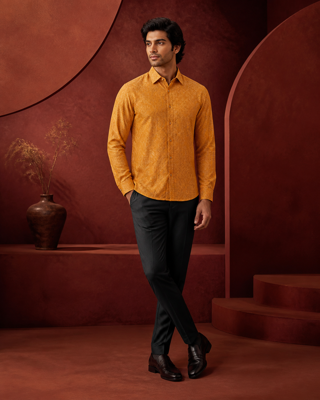 Indian model in a saffron textured shirt