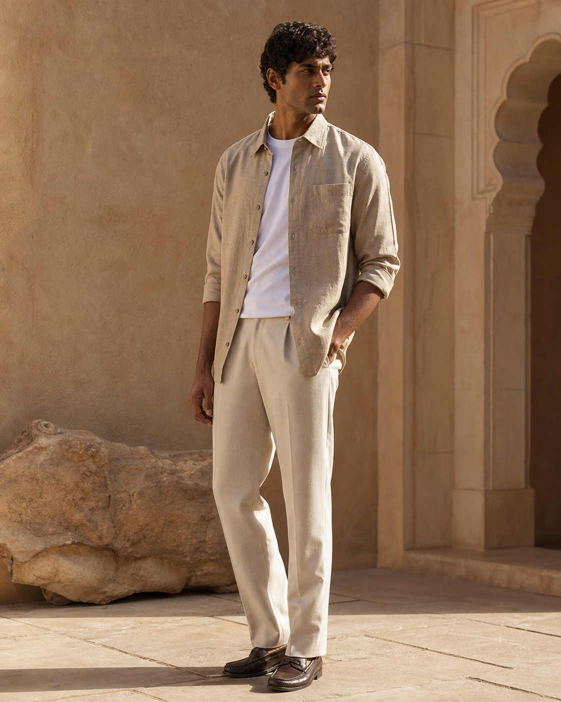 Indian model in a sandstone linen overshirt