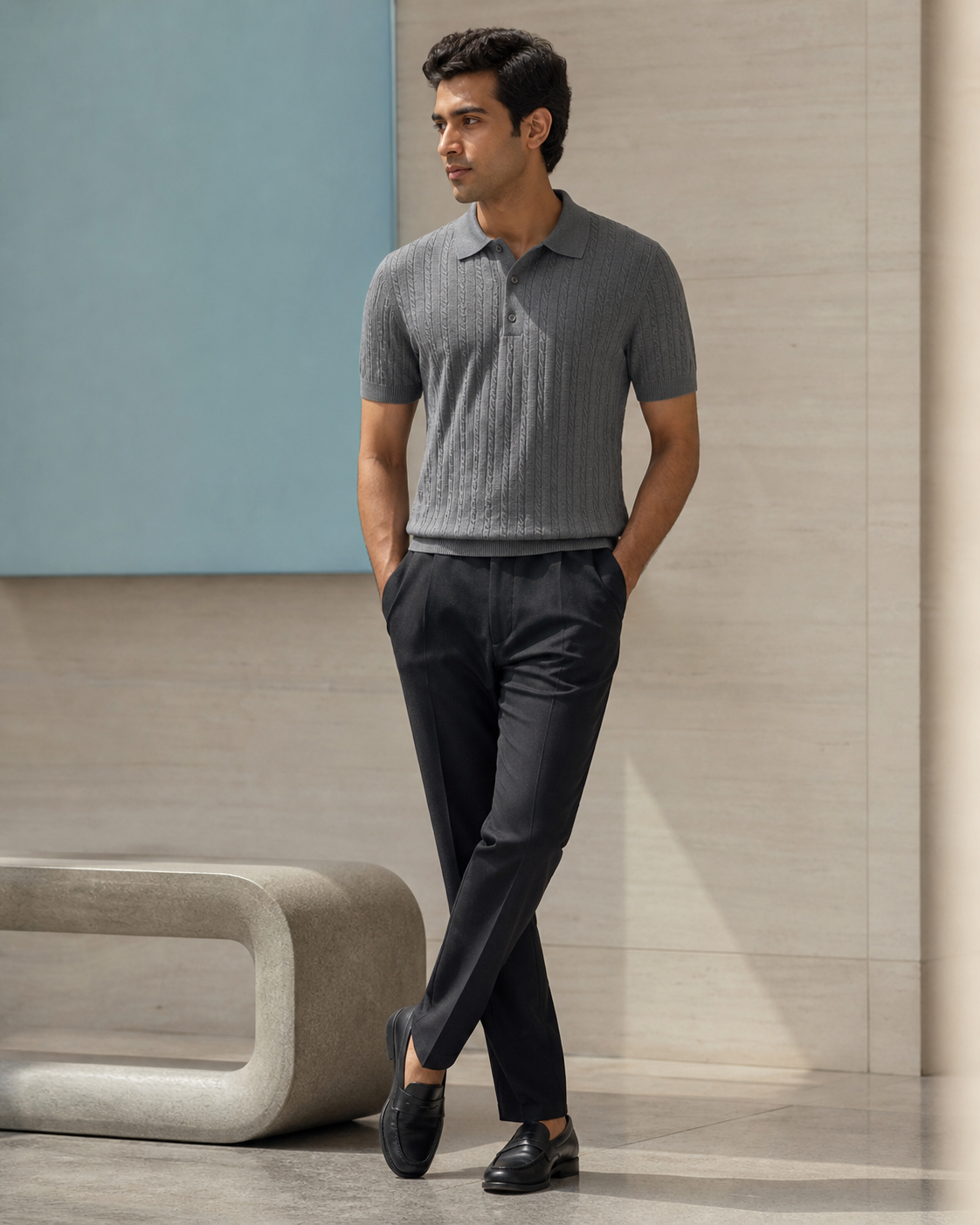 Indian model in a stone knit polo