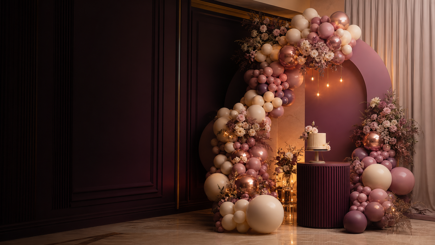 Elegant plum and rose balloon celebration setting